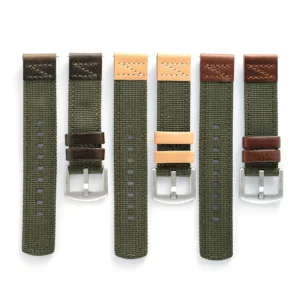 Quick Release Green Nylon & Brown Leather Field Watch Band